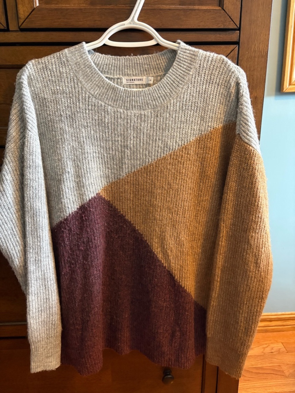 Reitmans Colorblock Crewneck Sweater - Gray, Mustard & Burgundy